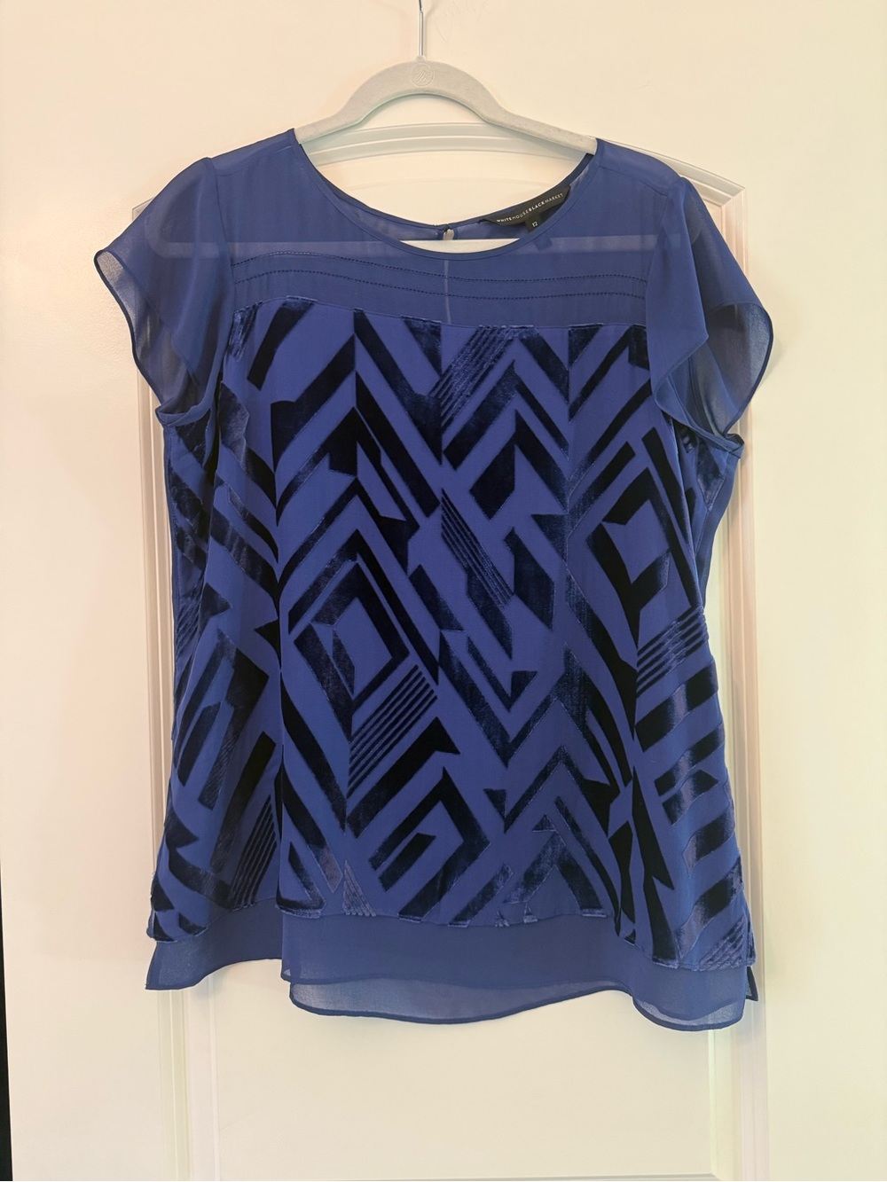 White House Black Market Blue Velvet-Print Chiffon Blouse